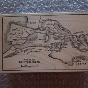 Grande mappa del Mediterraneo occidentale con timbro in gomma montato su legno di Toybox, rarissima mappa vintage Geografia 1999