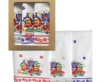 Polish Folk Art Set of 3 Kitchen Towels in Box