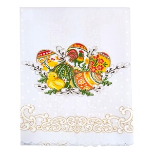 May include: White kitchen towel with a colorful Easter egg design. The eggs are decorated with flowers, a rooster, and a chick. The towel has a scalloped edge and a gold lace trim.