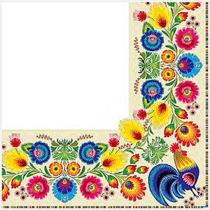 May include: A colorful floral design with a rooster in the corner. The design features red, yellow, blue, green, and white flowers on a cream background.