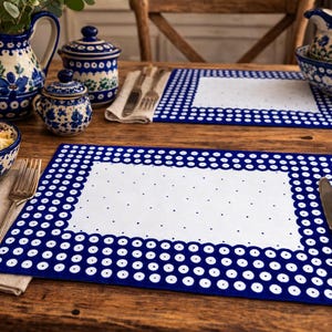 Set of 2 Polish Pottery Blue Dot Placemats with Scalloped Edges