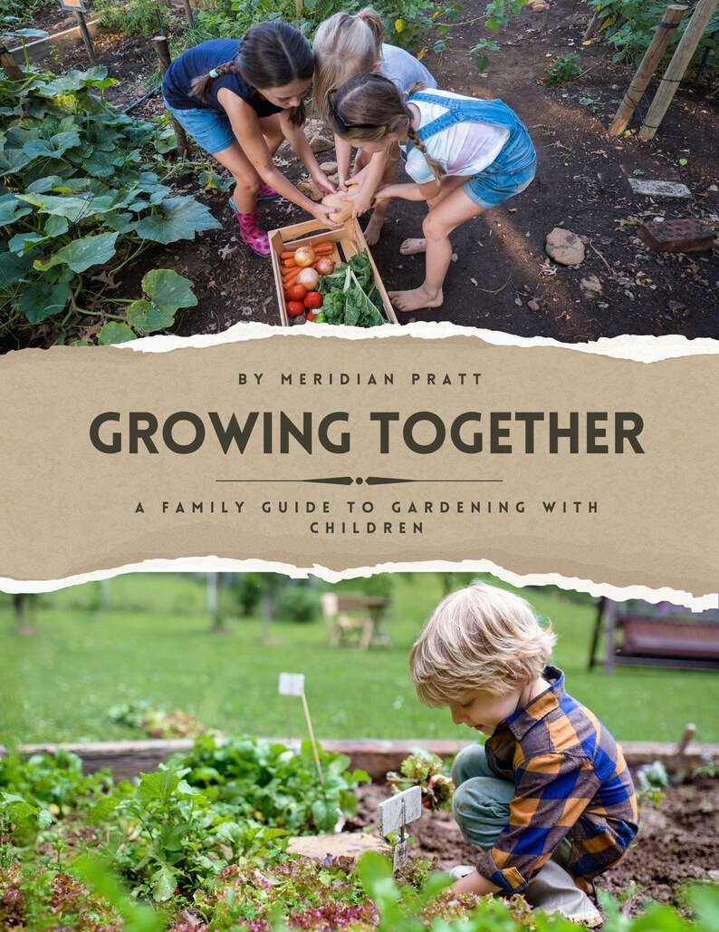May include: A book cover with a brown paper texture and the title "Growing Together: A Family Guide to Gardening with Children" by Meridian Pratt. The cover features a photo of children harvesting vegetables in a garden.