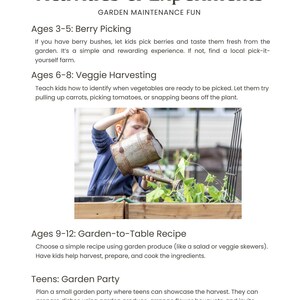 May include: A young child waters plants in a garden. The text on the page reads "Activities & Experiments" and lists activities for different age groups, including berry picking, veggie harvesting, garden-to-table recipes, and garden parties.