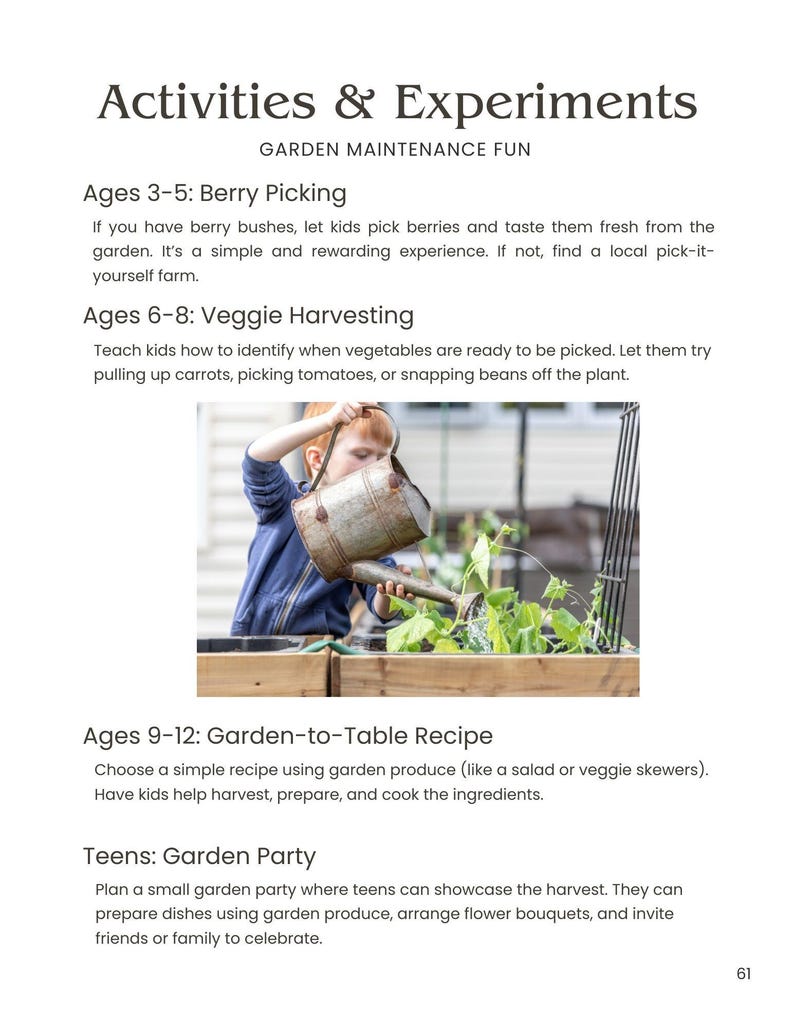 May include: A young child waters plants in a garden. The text on the page reads "Activities & Experiments" and lists activities for different age groups, including berry picking, veggie harvesting, garden-to-table recipes, and garden parties.
