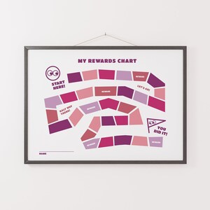 Peut inclure: Un poster encadré "My Rewards Chart" avec un chemin de blocs roses et violets. Le tableau comprend du texte tel que "Start Here!", "Reward" et "You Did It!" dans une police ludique. Le poster est accroché à un mur blanc.