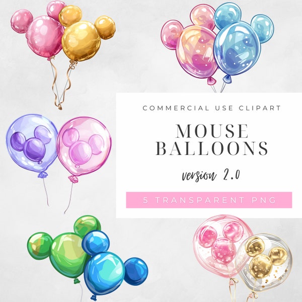Mouse Balloons, Magic Ears, MK, Princesses, Clipart, Watercolor, PNG, Downloads, Epcot, Sublimation, Mouse Ears
