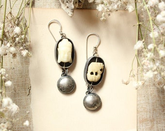 shadow box carved bead buddha elephant sterling silver dangle earrings with patina Nearly Lost Jewelry