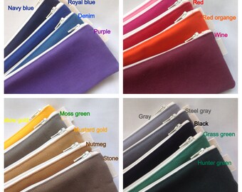 Colored canvas pencil case, color canvas pouch, sturdy make up purse, zipper pencil case, zippered canvas pouch, plain canvas case