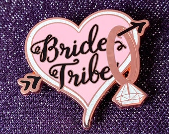 Bride Tribe Hard Enamel Lapel Pin-Rose Gold (Copper), Silver, or Gold Plated with White Iridescent Glitter on Diamond & around Heart