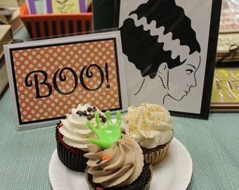 BOO! Greeting Card - Cut Out Design - Notecard and Envelope - BOO! Halloween Greeting Card - Polka Dots, Orange, Black, White, Kraft