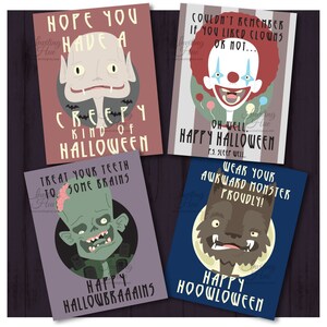Cartões engraçados de Halloween para adultos ou crianças - Monstros assustadores: vampiro, palhaço, zumbi, lobisomem