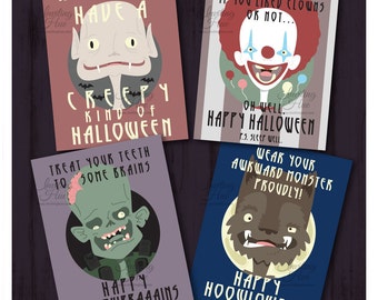 Funny Halloween Cards for Adults or Kids - Creepy Monsters: Vampire, Clown, Zombie, Werewolf