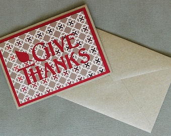 Give Thanks Notecard - Cut Out Design - Fall, Thanksgiving Greeting Card with Envelope - Red, Brown, Tan with Red Foil and Leaf