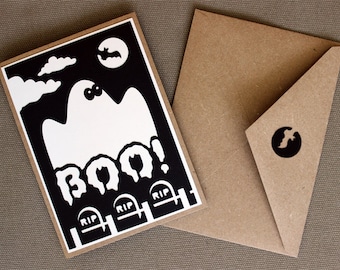Halloween Greeting Card - Cut Out Design - Notecard and Envelope - BOO!, Ghost, Bat, RIP, Graveyard, Black Night