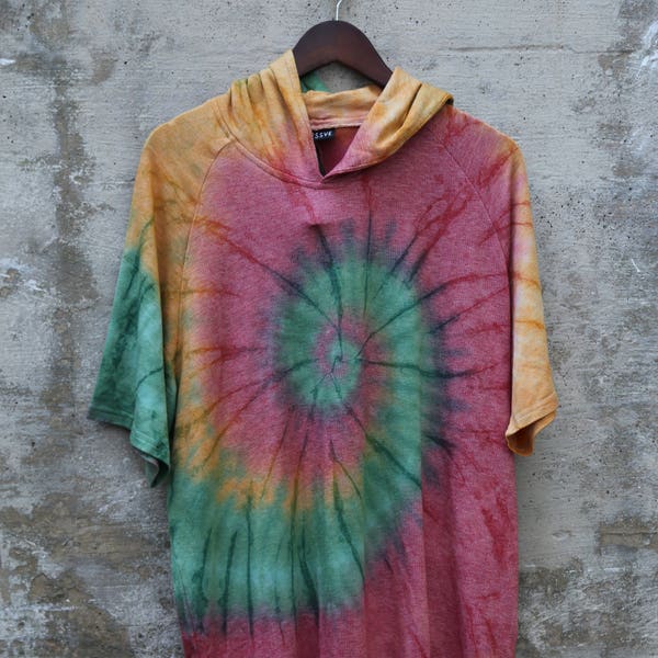 Unisex Tie Dyed Hooded Hipster Shirt Cotton Bamboo Relaxed WoodStock rock and Roll 1970s Inspired 1980s Spiral Colored Retro Funky Beach