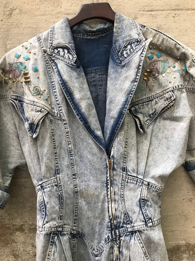 Denim 1980s one piece shorts jumpsuit vintage stressed denim thrashed size 56 80s studded onesie