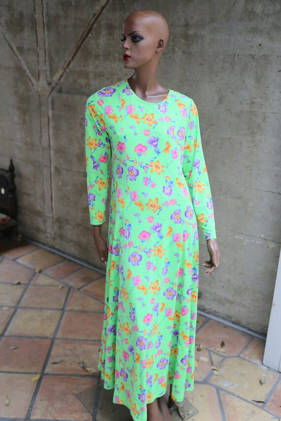 Lime Green Floral Vintage Long Dress Women's 1990s 90… Gem