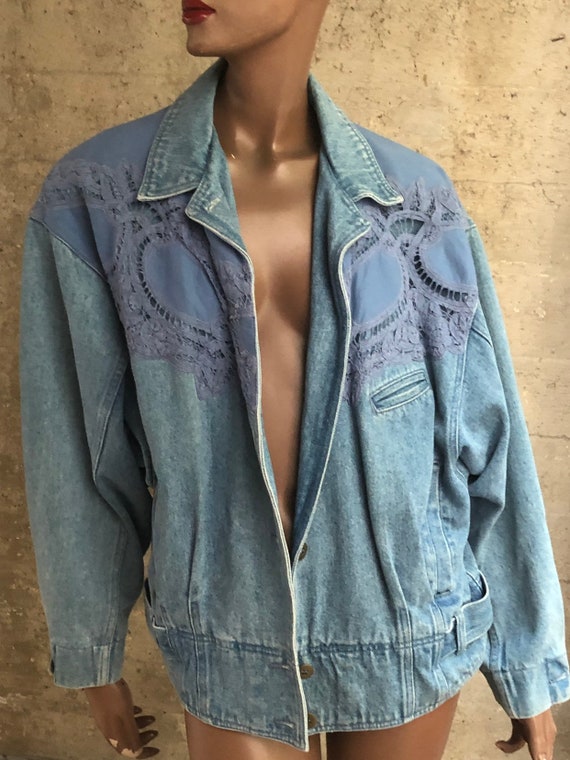 Denim 1980s Applique Lace Vintage Jacket Made in … - image 2