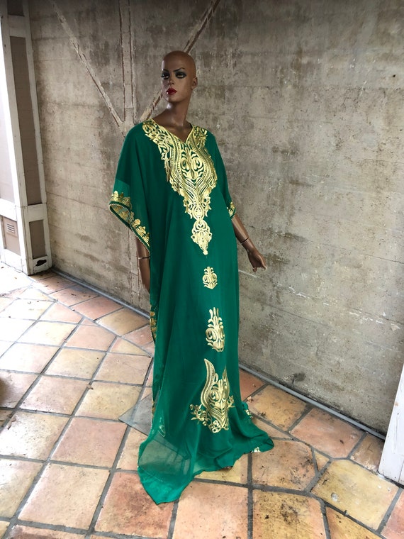 1990s Embroidered Green Ethnic Dress Long Beautifu