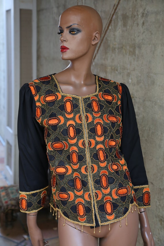 Vintage Sequin Orange and Black Ethnic Jacket Wome