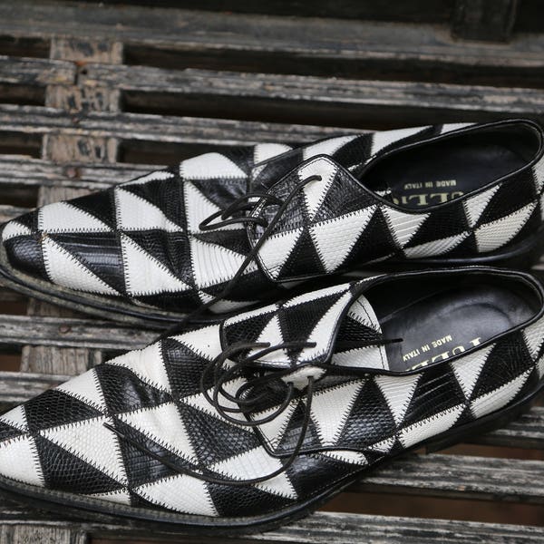 Size 9 Vintage Tullio Italian Made AWESOME funky 1950s Inspired Men's Shoes 43 Italian Show Stopper Checkered Black and White Retro Funky