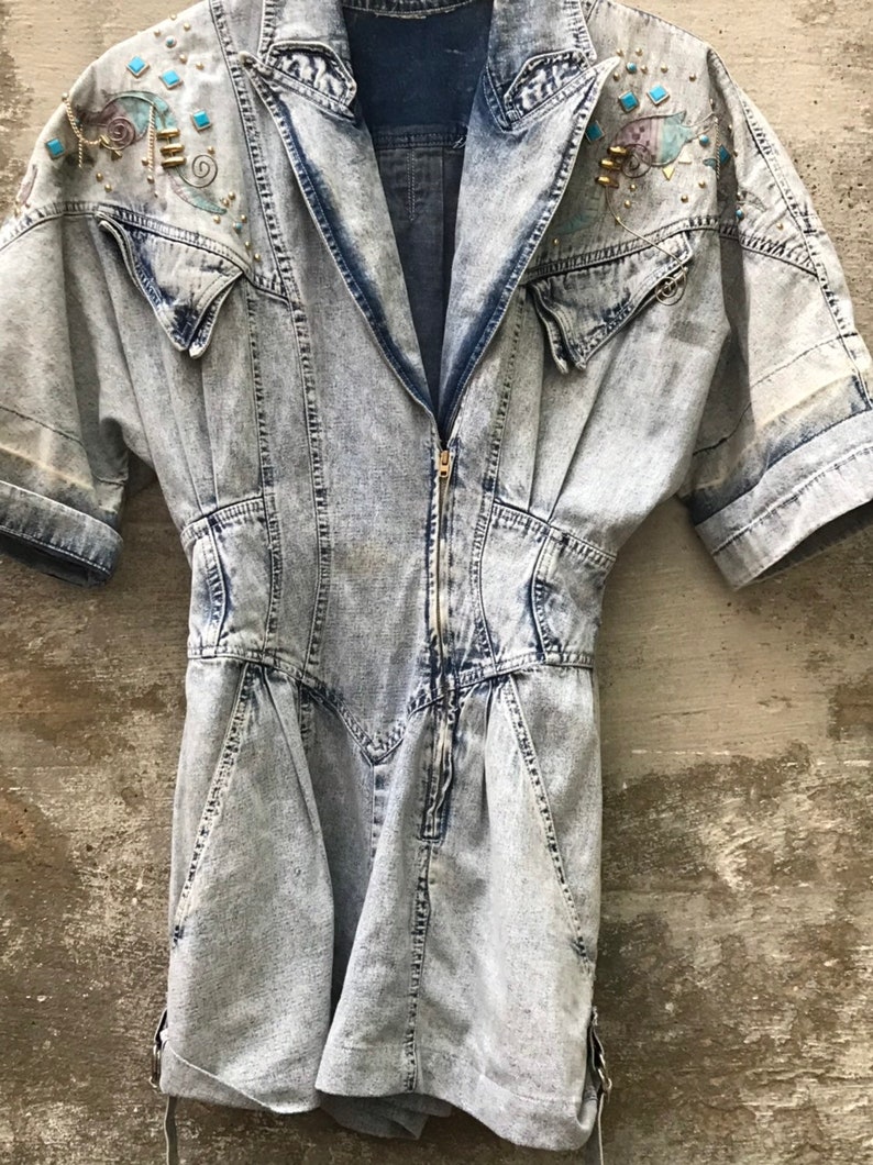 Denim 1980s one piece shorts jumpsuit vintage stressed denim thrashed size 56 80s studded onesie