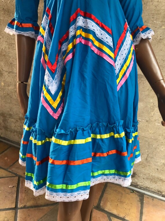 Blue Vintage Mexican Party Dress Colorful Ribbon … - image 3