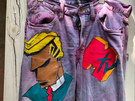 1980s Inspired Hand Painted Denim Leather Pants BL