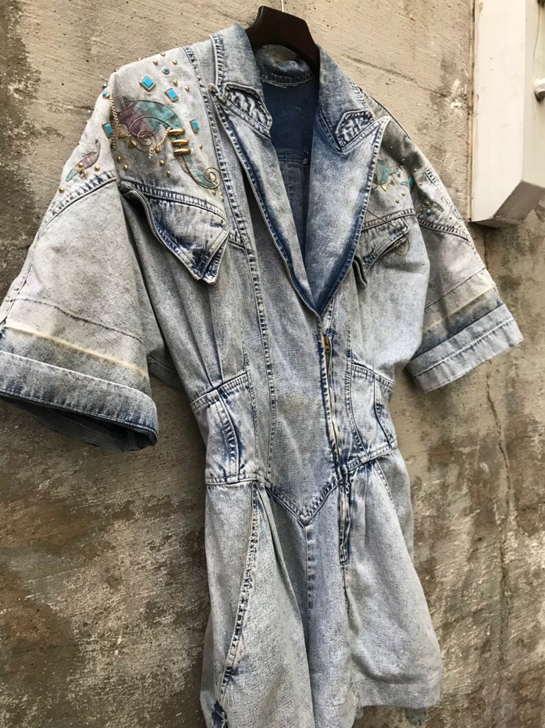 Denim 1980s one piece shorts jumpsuit vintage stressed denim thrashed size 56 80s studded onesie