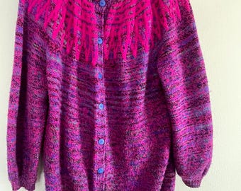 Vintage Fuchsia Lila Strickjacke aus den Nadeln von Jean Bower Button Up Puffy Ärmel Warm Gemütlich