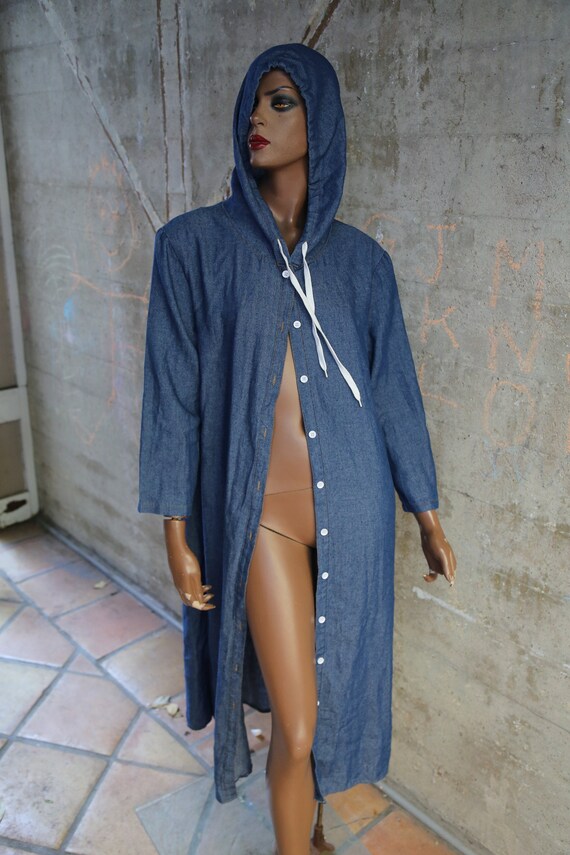 1990s Hooded Denim Cotton Long Jacket