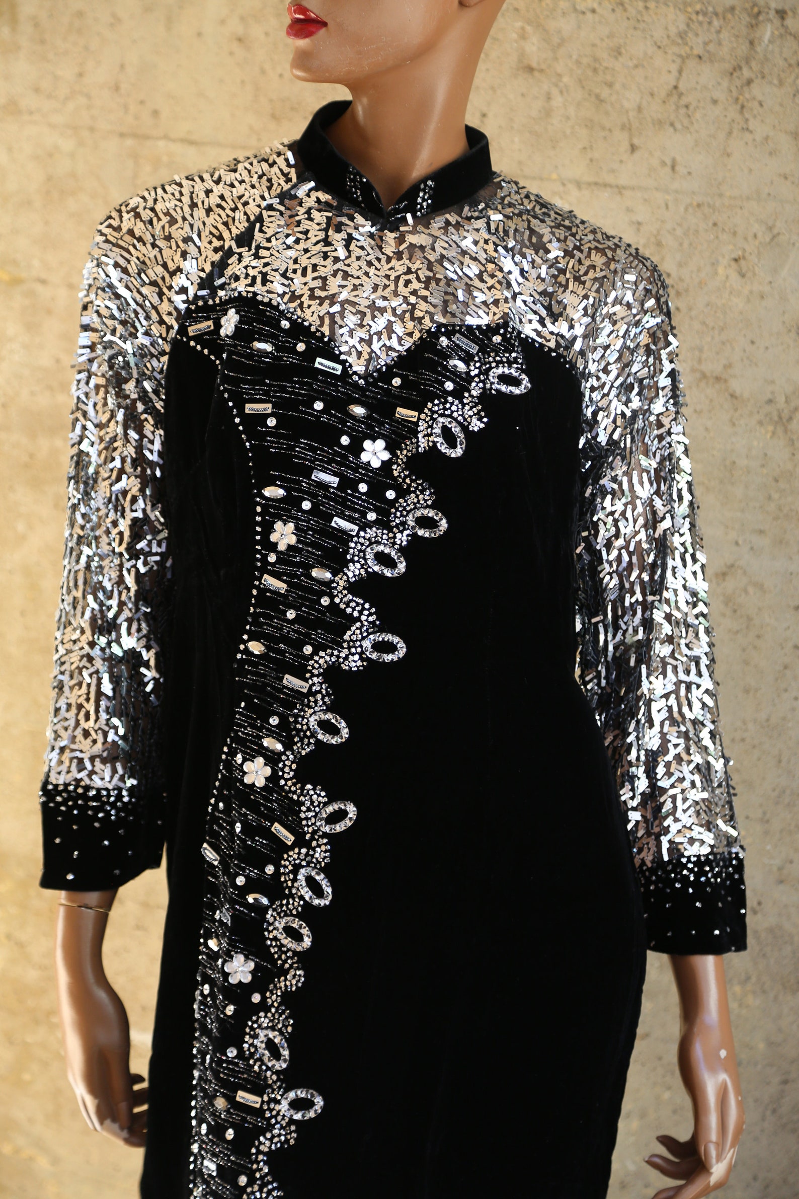 Sequin Velvet like Vintage Dress Kimono Black Silver Mesh - Etsy