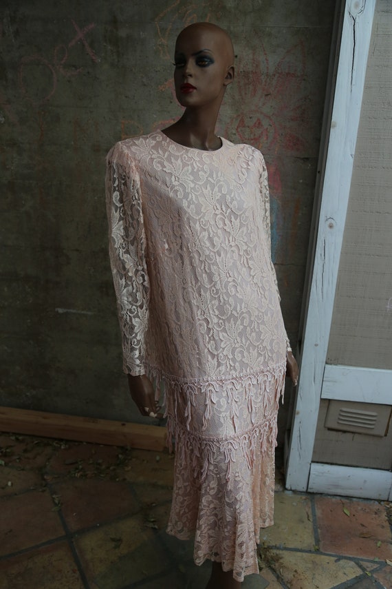 1980s Dave and Rose Dress Lace Peachy Pink - image 8