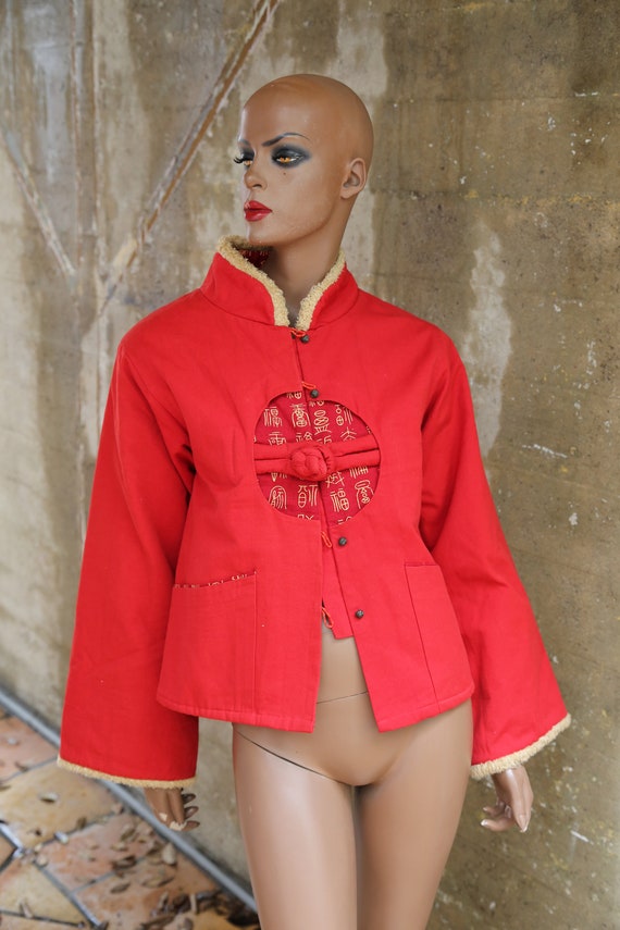 1990s Boho Asian Outerwear Red Geisha Jacket Asia… - image 4