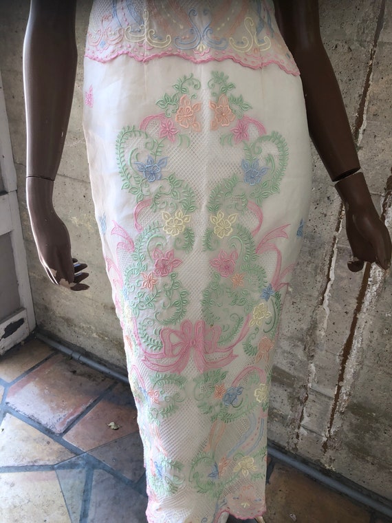 Pastel Vintage Embroidered Pique Pink Green Dress… - image 6