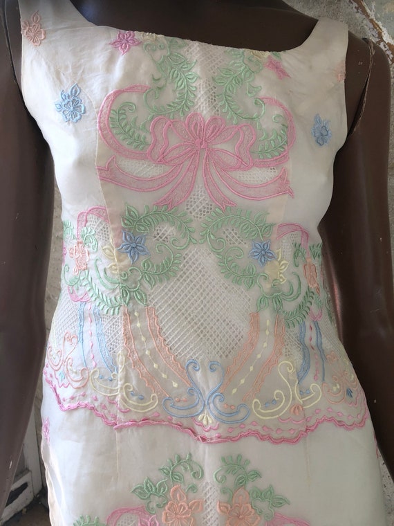 Pastel Vintage Embroidered Pique Pink Green Dress… - image 3