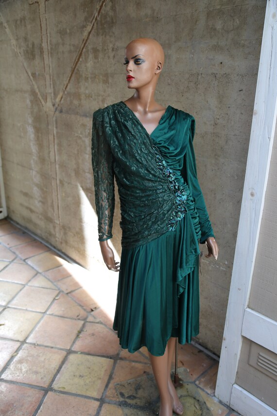 1980s Lace Beaded Sequin Dress Forest Green Size 7