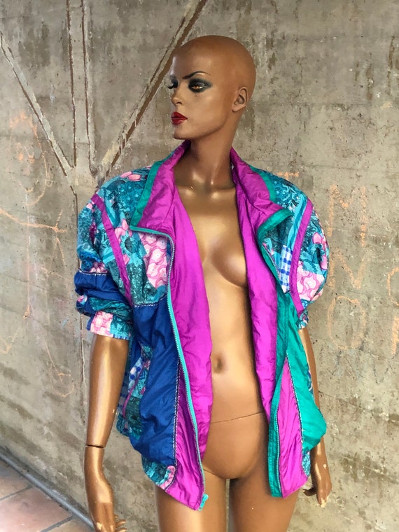 1980s Izzy Windbreaker Floral Purple Green and Blu