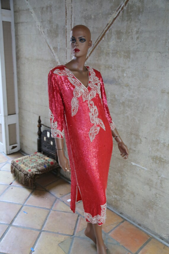 1980s Beautiful Red Sequin Dress Great Gatsby Insp