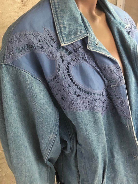 Denim 1980s Applique Lace Vintage Jacket Made in … - image 5