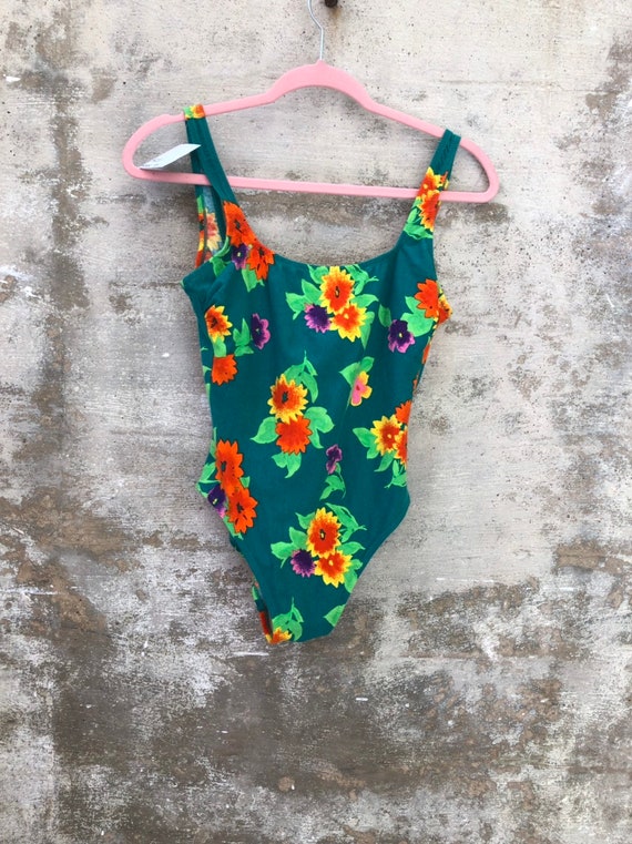 Floral Green 1980s Vintage Swimsuit