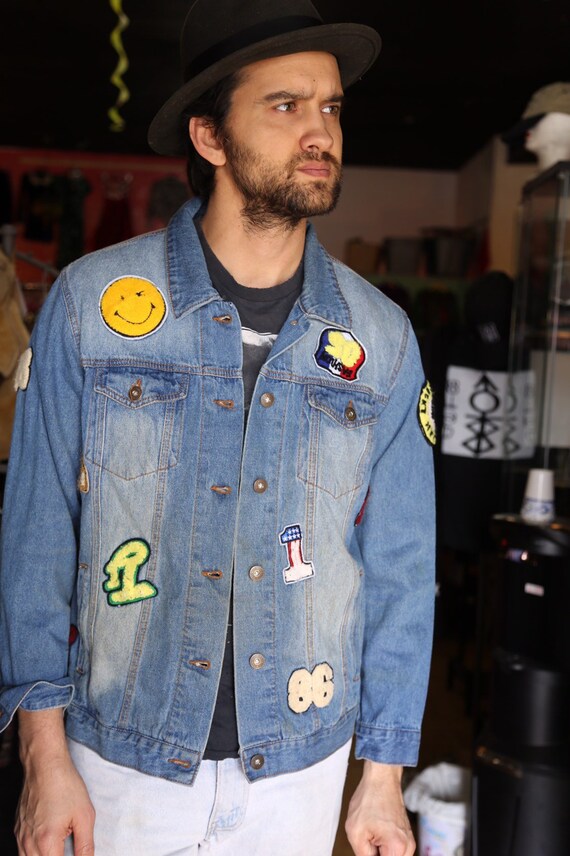 Vintage Patched Denim Jacket Multiple Patches Dist