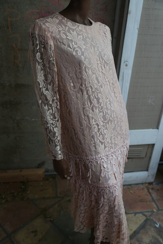 1980s Dave and Rose Dress Lace Peachy Pink - image 5