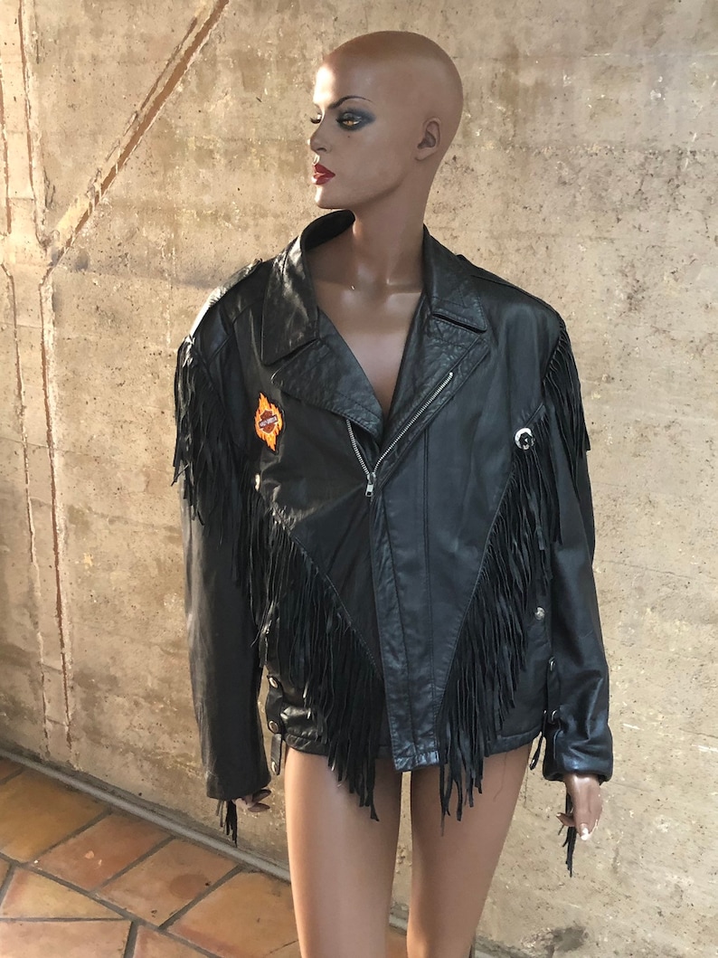 1980s Reed Leather Jacket Made in USA Fringed Leather Sportswear Biker Motorcycle Gang Harley Davidson Patch