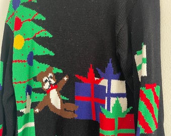 Brutto maglione natalizio vintage unico schiaccianoci vacanze rosso e nero verde