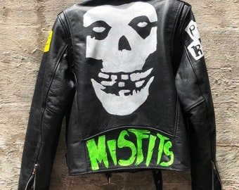 Size 38 Misfits Leather Jacket Motorcycle Leather Hand Painted Art Unique Rocker Punk Black Leather