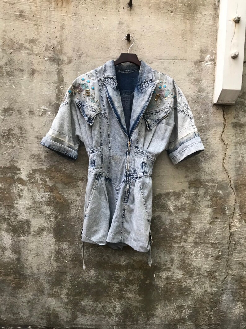 Denim 1980s one piece shorts jumpsuit vintage stressed denim thrashed size 56 80s studded onesie