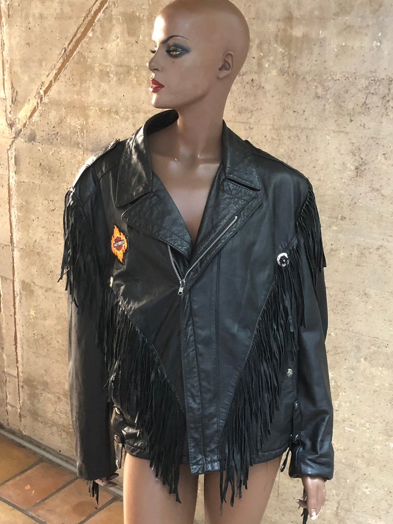1980s Reed Leather Jacket Made in USA Fringed Leather Sportswear Biker Motorcycle Gang Harley Davidson Patch