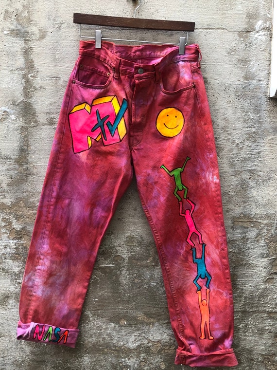 1990s Patched Tie Dyed MTV Keith Haring Pants Jeans L… - Gem