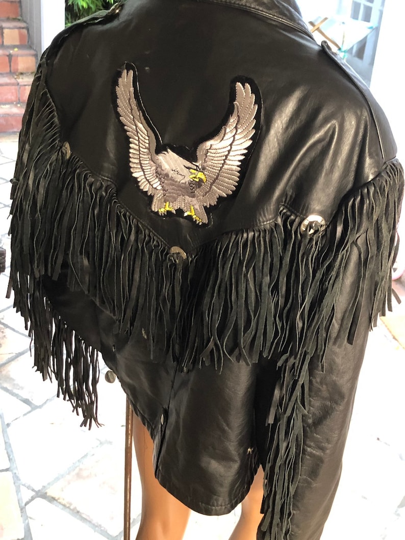 1980s Reed Leather Jacket Made in USA Fringed Leather Sportswear Biker Motorcycle Gang Harley Davidson Patch